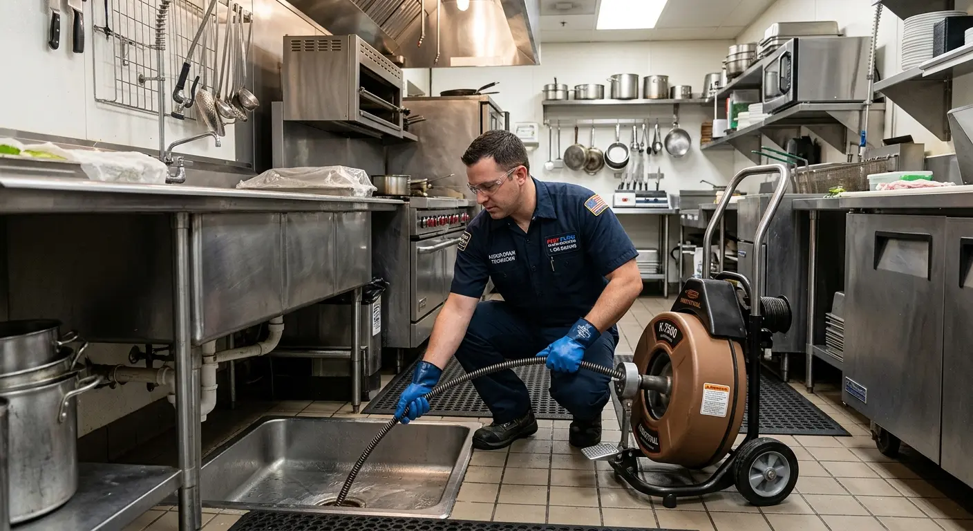 Commercial drain cleaning service in a restaurant kitchen in Skaneateles
