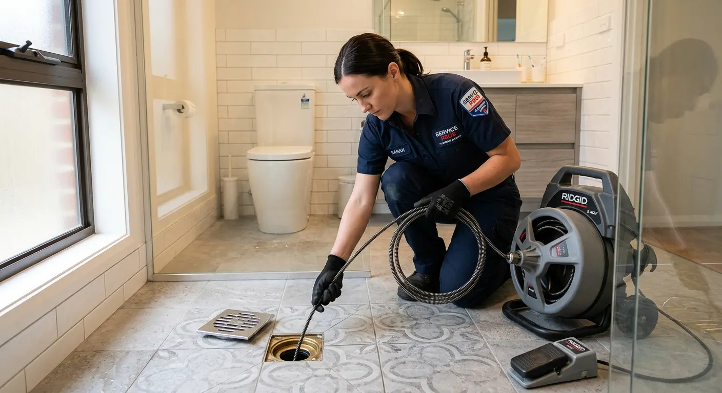 Technician clearing a bathroom floor drain for Hydro Jetting in Skaneateles